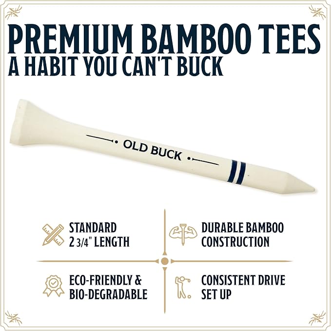 Old Buck 2 3/4" Bamboo Golf Tees, Premium Wooden Driver Tees in Cigarette-Style Carton — 18 Tees — Novelty Golf Gift for Men, Dad & Groomsmen