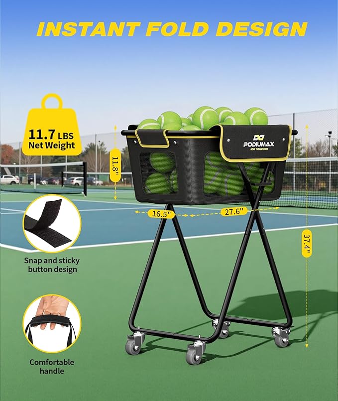 PodiuMax Pickleball Tennis Ball Hopper, Holds 180 Tennis-Balls or 150 Pickle Balls, Foldable Pickleball Caddy for Men Women Teen, Waterproof Tennis Ball Basket for Learners & Coaches