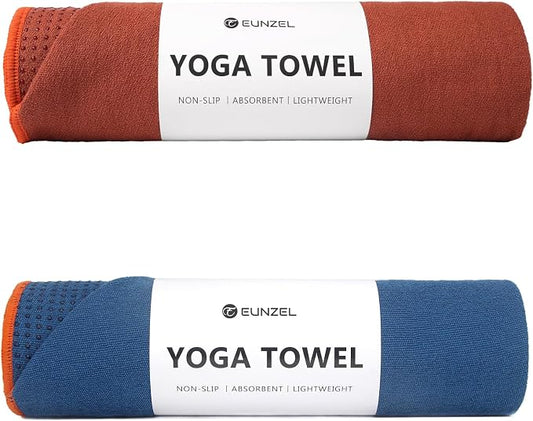 Eunzel 2 Pack Hot Yoga Towel with Grip Dot, Non Slip Yoga Mat Towe Sweat Absorbent Towel for Hot Yoga,Bikram, Pilates and Fitness 72" x 24", Sedona Red/Steel Blue