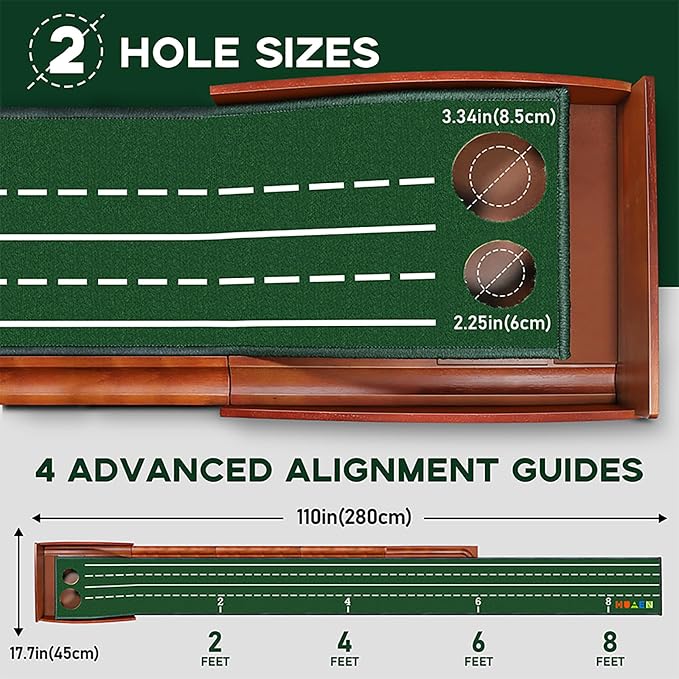 Golf Putting Mat fot Indoor, Wood Putting Green Indoor & Outdoor Training Equipment with Ball Return 8ft Practice Putting Mat, Wrinkle-Free Natural Rubber Mat, Golf Accessories for Men