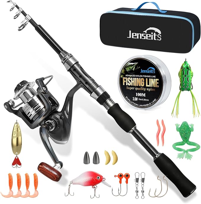 Jenseits 6Ft Spinning Fishing Rod Reel Combo, Freshwater Telescopic Kit | 5.2:1 Spinning Reel, Carbon Fiber Telescopic Rod, Includes Lures, Line & Carry Bag, Fish Gripper & Pliers for Beginner Angler