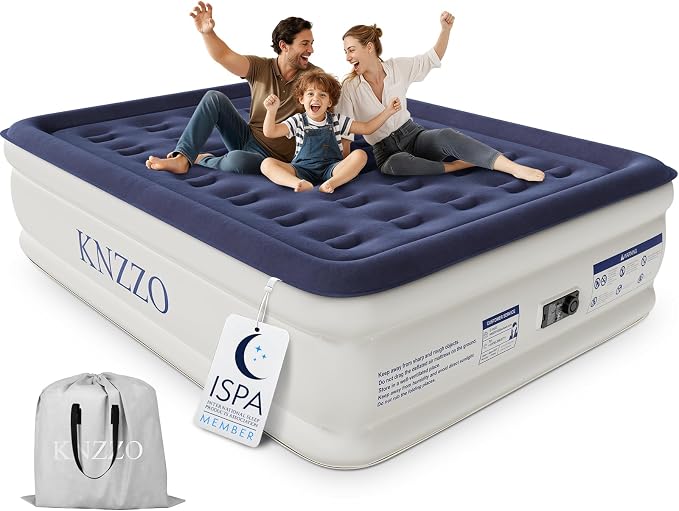 KNZZO Air Mattress Queen with Built-in Pump, Blow Up Mattress with Soft Flocked Top, Leakproof Inflatable Mattress, Foldable Waterproof Air Bed for Home, Guests, Camping, with Storage Bag