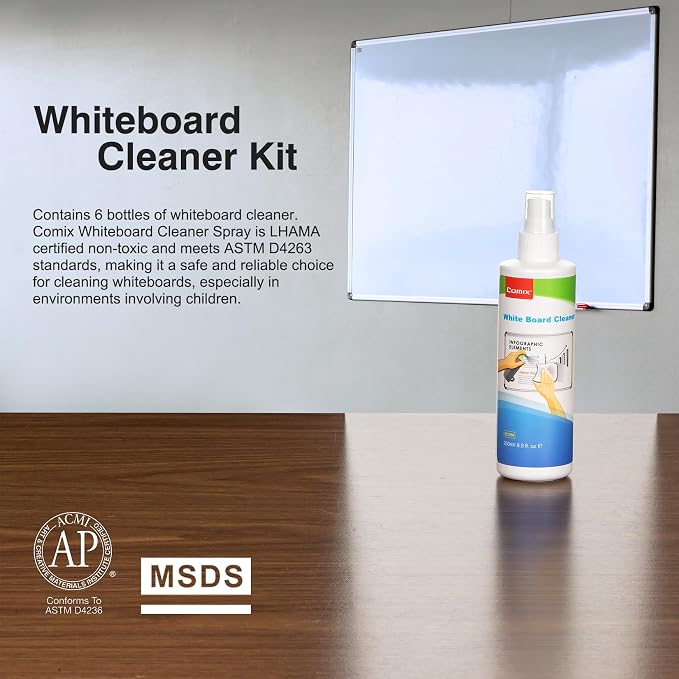 Comix Non-toxic Whiteboard Cleaner, 8.5oz White Board Cleaning Spray, Low Odor Dry Erase Cleaner, 12 Pack