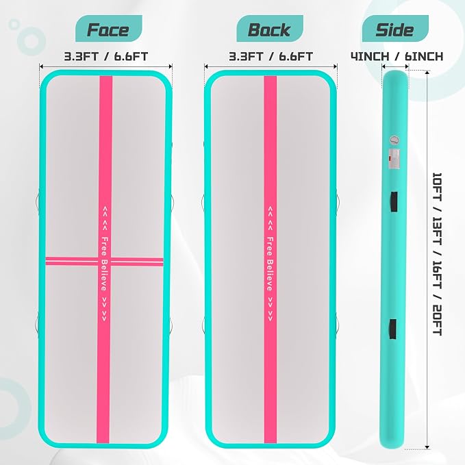 Pink Gymnastics Mat Inflatable Tumble Track Mats 10/13/16/20ft Training Mats for Home Air Mat for Kids with Pump 4”/6” Thick for Cheerleading/Yoga/Exercise/Parkour/Beach/Park/Water