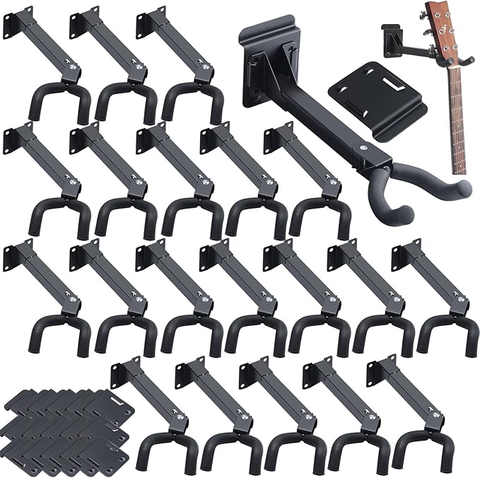 Therwen 20 Pcs Guitar Hanger Wall Mount Guitar Hangers Hooks Holders with Slat Adapter 180° Adjustable Black Hook Stand Wall Mount for Acoustic Electric Bass