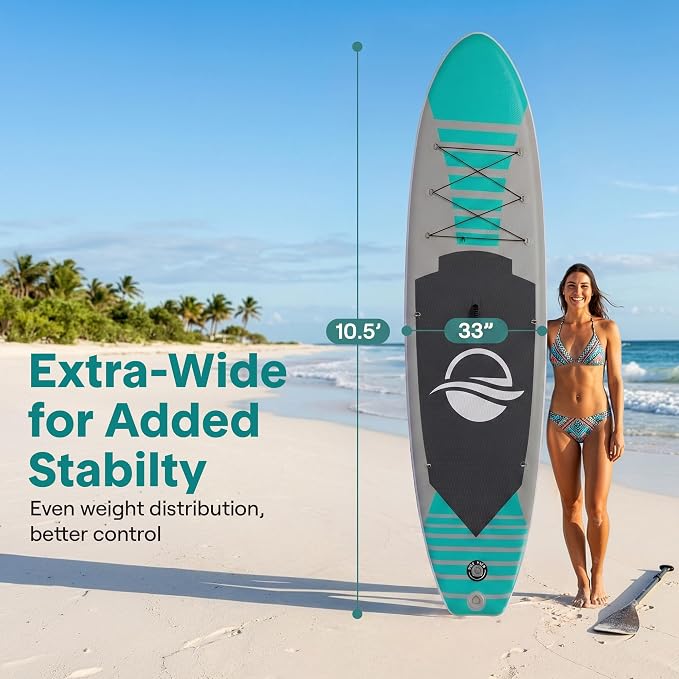 SereneLife 10’6" Inflatable Stand Up Paddle Board with Premium SUP Accessories - Wide Stable Design with Non-Slip EVA Deck Pad, for Youth and Adults, 350 lbs. Capacity