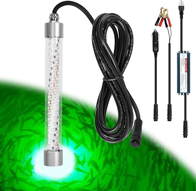 F2 110V &12V Underwater Fishing Light 100W 10000lm Bright Fish Attracting Light for Boat Docks Kayaks at Night, Submersible Green Light for Crappie Snook Bass Squid Bait Catfish(16.4ft Cord)