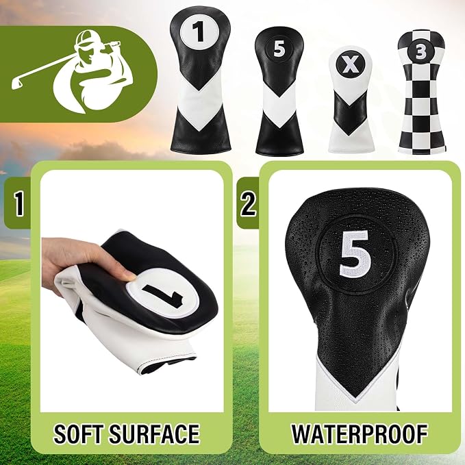16 Pcs Golf Accessories Kit, 4 Pcs Leather Golf Club Headcovers for Woods, Drivers & Hybrids with Magnetic Ball Marker, Tees & Cleaning Brush Set for Men & Women