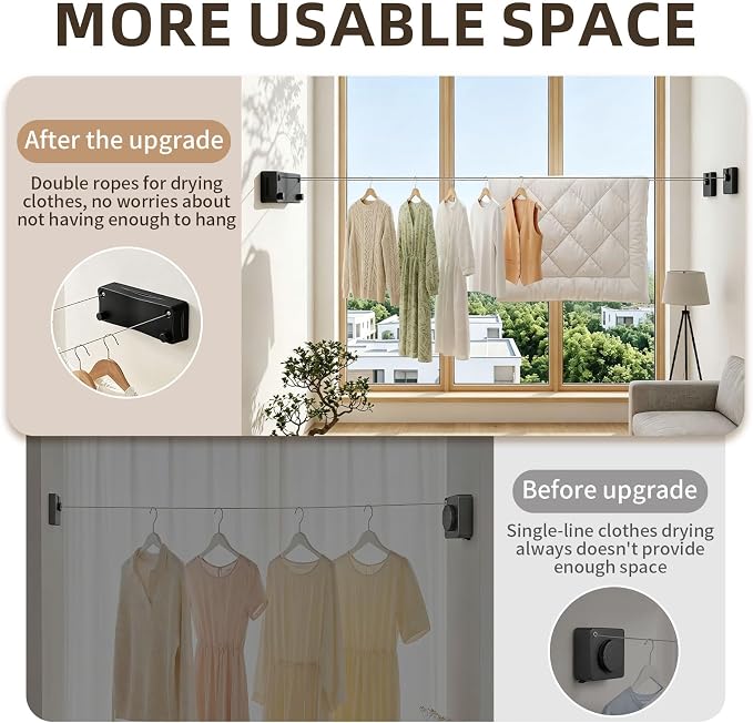 Anti-Sag Retractable Clothesline 40LB Capacity - 201in Stainless Steel Laundry Line for Indoor Outdoor, Wall Mounted Space Saving Easy Install (Black, Double Lines)