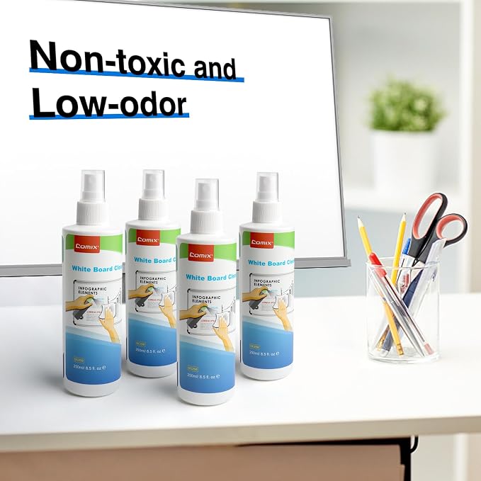 Comix Whiteboard Cleaner, 8.5oz Dry Erase Cleaner, Non-Toxic White board Cleaning Spray, 4 Pack