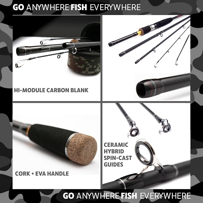 Rigged and Ready Predator Series Spin & Baitcast Travel Fishing Rods. Unique Spin Cast Micro Trigger. Compact Hi-Carbon Rods. 4 Rod Sections, 2 Tips, + case. Mobile Lure Rod Anglers. Fresh & Saltwater