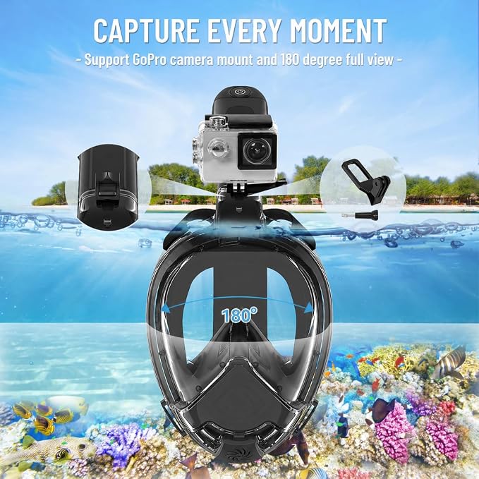 Electric Full Face Snorkel Mask for Adults, Fan-Assisted Airflow Snorkeling Gear, 180° Panoramic Anti-Fog View, Dry Top Leak-Resistant Design with Camera Mount for Beach Vacation