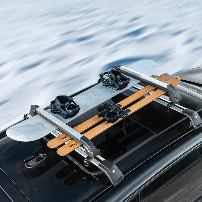 VEVOR Universal Car Roof Rack - Fit Most Crossbars, Carry up to 6 Pairs of Skis or 4 Snowboards, Aluminum Snowboard Ski Rack with Lock & Rubber Padding
