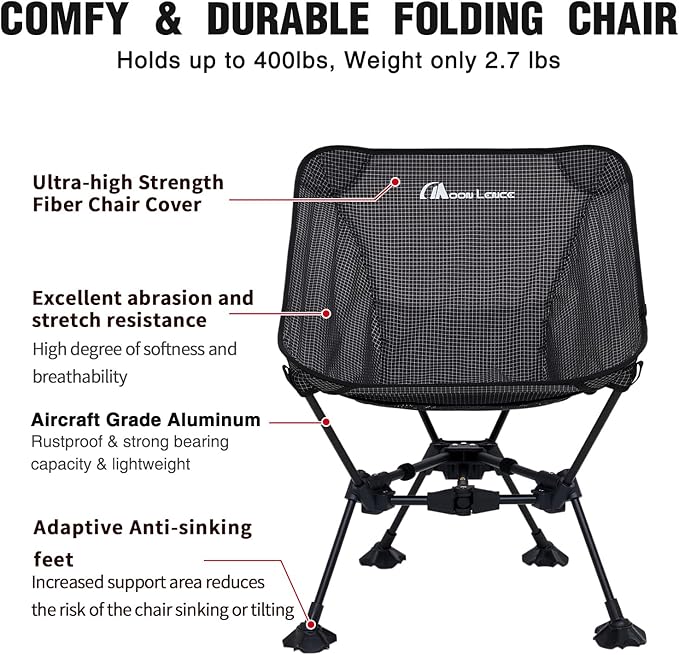MOON LENCE Portable Camping Chair Backpacking Chair Ultralight Folding Chairs with Tear Resistant Fabric， Detachable Anti-Sinking Feet for Beach, Black