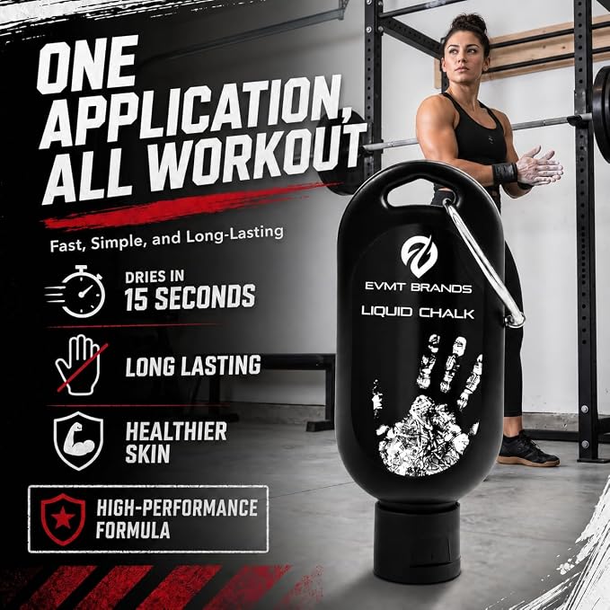 EVMT Brands Liquid Chalk, Mess Free Gym Chalk for Weightlifting, Gymnastics, Rock Climbing, Dancing. Sweat Resistant and Long Lasting for Stronger Grip.