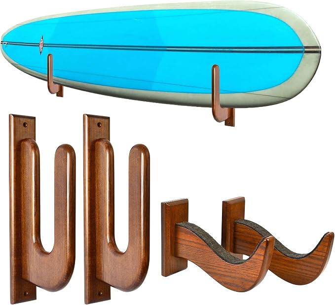 TESLYAR Surfboard Rack Holder Hooks Hard Wood Eco-Friendly Display Natural Finish Snowboard Wakeboard