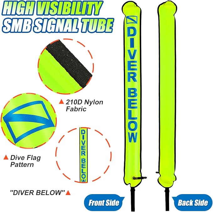 Surface Marker Buoy, Scuba Diving Surface Marker Signal Tube with Reflective Strip and Plastic Clip