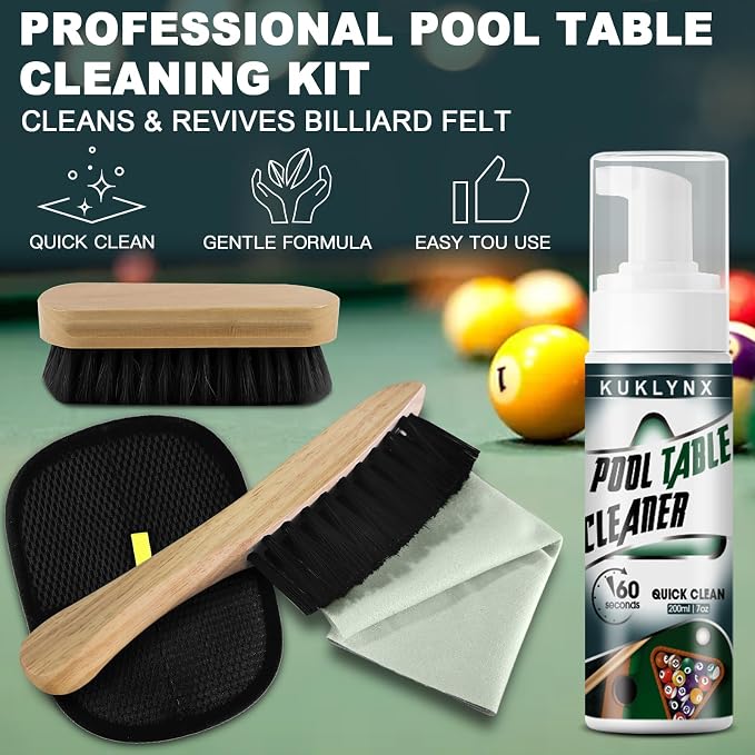 Foam Billiard Tables Cleaner Spray with 2 Pool Table Brushes, 1 Static Gloves, 1 Cloth - Essential Pool Table Cleaning Kit & Billiards Pool Table Accessories Kit for Billiards Players