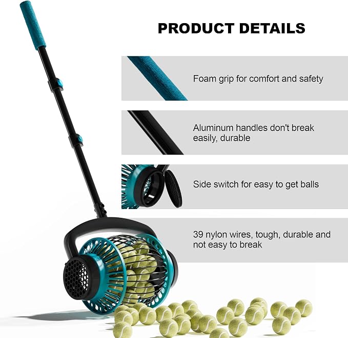 Tennis Ball Collector Roller with Adjustable Handle, No-Bend Quick Rolling Picker for Tennis Court, Quick-Tip Ball Release for Fast Emptying, Large Hopper Holds 20+ Tennis Balls Save Time & Your Back