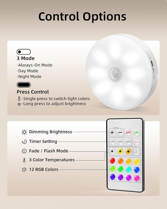 EZVALO Under Cabinet Lighting, 1000mAh Rechargeable Puck Lights with Remote, 3 Color Temps & 12 RGB Motion Sensor Closet Lights, Dimmable Under Cabinet Lights for Kitchen, Cabinets, Closet (3 Packs)