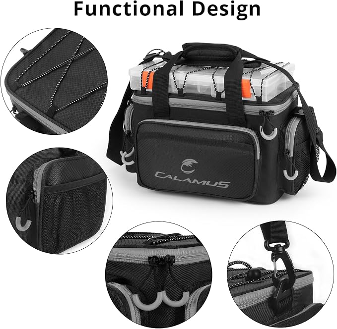 Calamus TB61 Fishing Tackle Bag，Black | Saltwater & Freshwater Fishing Bags, Rip-Stop PE, Padded Shoulder Strap, Pliers Storage, Easy to Organize, Functional Design