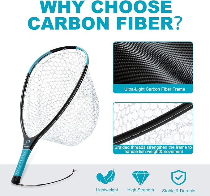 Maxcatch Fly Fishing Landing Net, Carbon Fiber Frame, Rubber Mesh, with Magnetic Net Release, for Trout Bass Catch and Release