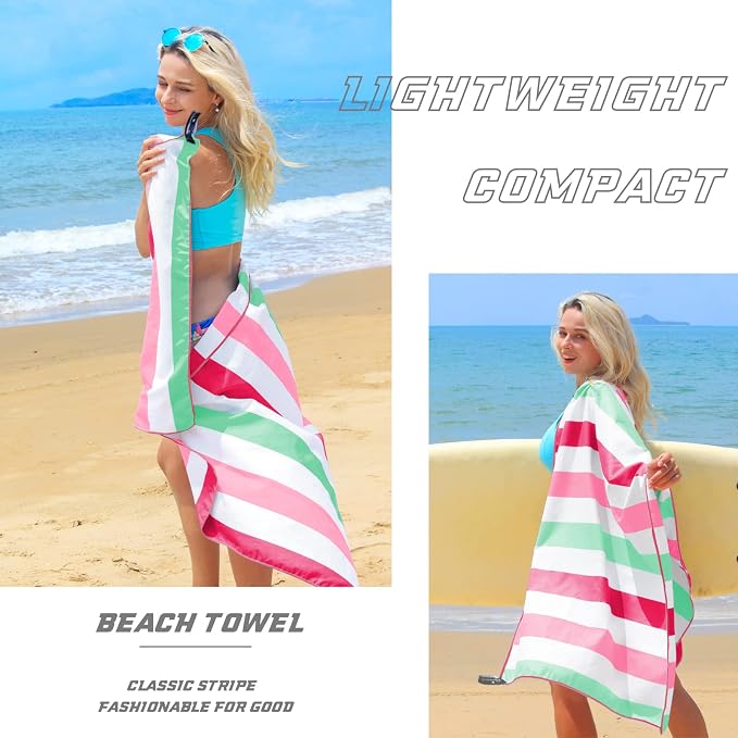Exclusivo Mezcla Microfiber Quick Dry Beach Towel, Oversized Lightweight Sandfree Pool Towel for Swimming Camping Travel with Bag (Stripe Pink, 35x70 Inches)