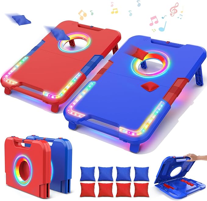 VATOS Portable Cornhole Board Set with LED Lights & Sound Effects, Scoring, Foldable - 2 Boards & 8 Bean Bags for Backyard, Camping, Tailgate Parties, Outdoor Cornhole Games for Kids and Adults Family