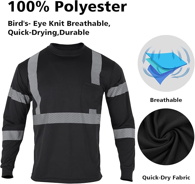 VENDACE 3 Pcs Safety T Shirts Reflective High Visibility Hi Vis Long Sleeve Construction Work Shirts for Men (Black,S)