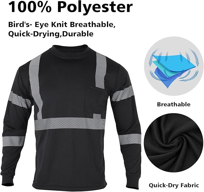 VENDACE 3 Pcs Safety T Shirts Reflective High Visibility Hi Vis Long Sleeve Construction Work Shirts for Men (Black,L)