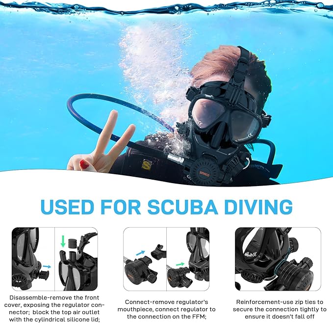 Full Face Dive Mask Support Diving & Snorkeling, Full Face Snorkel Mask Adjustable Scuba Mask with Camera Mount Provide 180° View Panoramic Compatiable with SMACO 1L/1.9L Mini Scuba Tanks