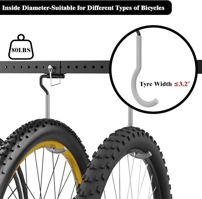 640Lbs Bike Rack Garage Ceiling with 8 Hooks, Bike Hangers for Garage, Ceiling Mount Bicycle Storage, Metal Black 2pcs Set Indoor Use for 8 Bicycles