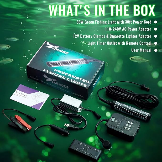 Tuanse Underwater Fishing Light with Timer & Remote 36W Green Super Bright LED IP68 Waterproof 30ft Cable for Night Fishing on Docks Boats & Kayaks (110V/12V/Car)