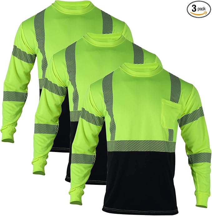 VENDACE 3 Pcs Safety T Shirts Reflective High Visibility Hi Vis Long Sleeve Construction Work Shirts for Men (Yellow,L)