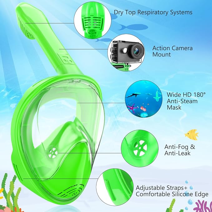 Kids Snorkel Mask Full Face, Snorkeling Gear for Kids with Camera Mount, 180 Degree Panoramic View Snorkeling Set Anti-Fog Anti-Leak