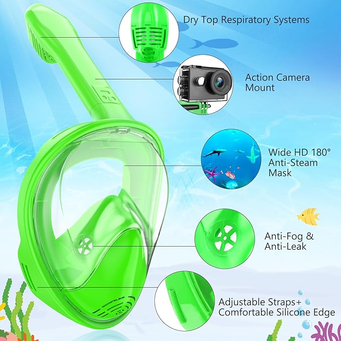 Kids Snorkel Mask Full Face, Snorkeling Gear for Kids with Camera Mount, 180 Degree Panoramic View Snorkeling Set Anti-Fog Anti-Leak