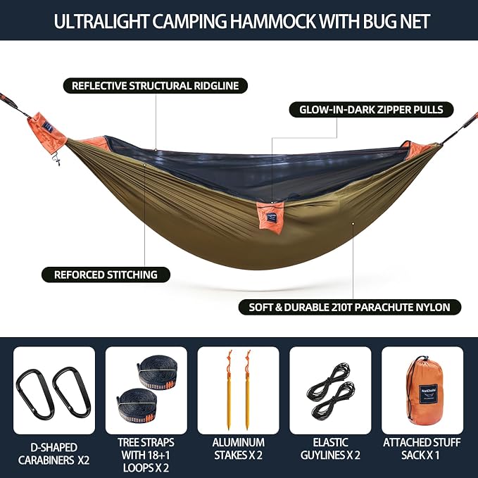 Camping Hammock with Integrated Mosquito Net, Ultralight Backpacking Hammock with Tree Straps & End-Aligned Stuff Sack, 210T Parachute Nylon Single Outdoor Portable Hammock-Olive Green & Orange