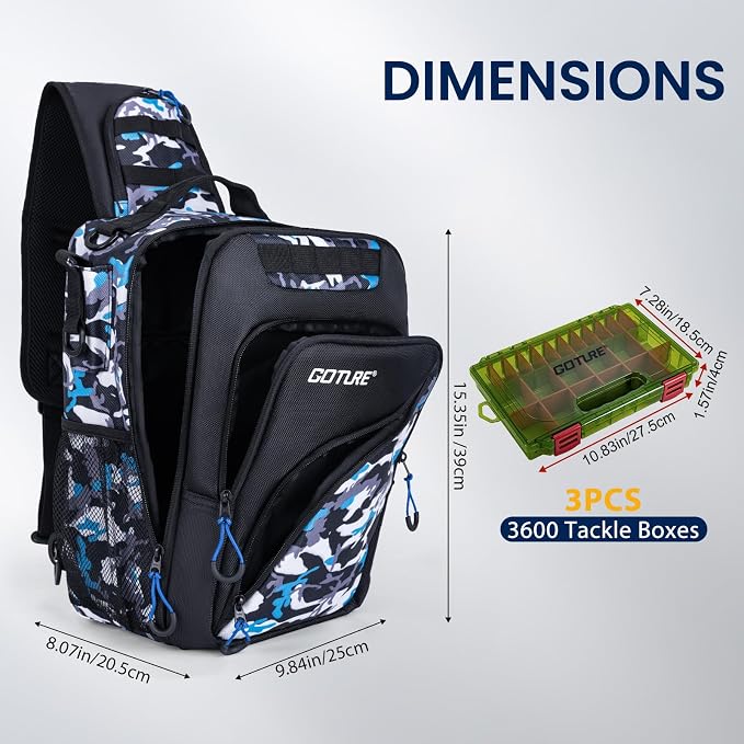 Goture Camouflage Fishing Tackle Bag, 1680D Water-Resistant Sling Fishing Backpack with Rod Holder, Anti-Slip Waist Strap, Tackle Bag with 3 3600 Trays, Fishing Gifts for Men Saltwater Freshwater