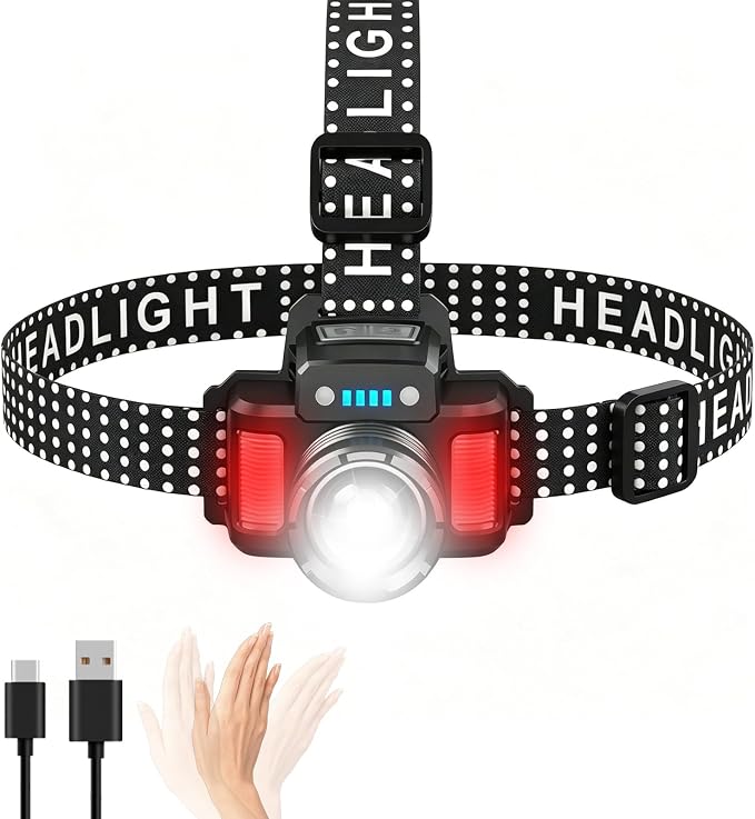 SKYFIRE Rechargeable Headlamp High Lumens, 10 Modes Super Bright LED Head lamp with Yellow & White Light, Motion Sensor, COB Side Light, Zoomable, IPX6 Waterproof Headlight for Camping Hiking Running
