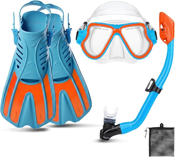 Snorkeling Gear for Kids, 4 in 1 Child Mask Fins Snorkel Set with Panoramic View Anti Fog Mask, Dry Top Snorkel, Trek Fins and Travel Bag, Kids Snorkeling Set with Fins for Snorkeling Swimming