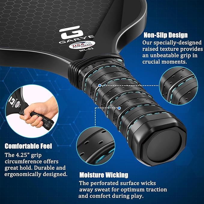 GARYE Pickleball Paddles Set of 4, Carbon Fiber Pickle Ball Paddle, USAPA Approved Lightweight Rackets 4 Pack for Adults and Teenagers, Includes 6 Balls, 1 Bag, and 4 Grip Tapes