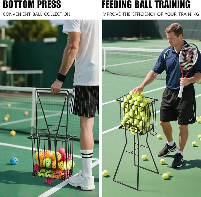 Tennis & Pickleball Hopper with Wheels – Ball Pick Up Basket, Pickleball Ball Retriever Ball Holder Storage Holds 75 Tennis Balls & 50 Pickleballs