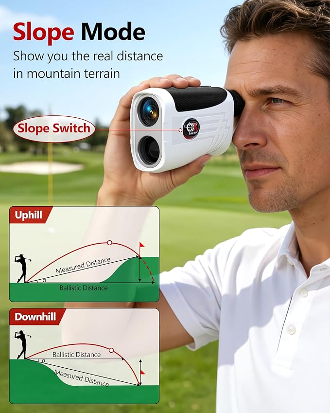 Golf Rangefinder with Slope Switch, Rechargeable Range Finder with Flag Lock Vibration, 7X Magnification Golf Rangefinder 1200 Yards, Portable with Magnetic Stripe – Tournament Legal