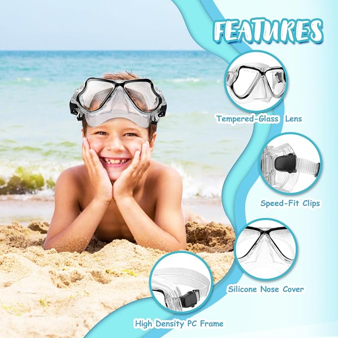 Snorkeling Gear for Kids, 4 in 1 Child Mask Fins Snorkel Set with Panoramic View Anti Fog Mask, Dry Top Snorkel, Trek Fins and Travel Bag, Kids Snorkeling Set with Fins for Snorkeling Swimming
