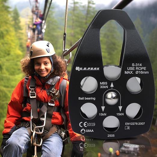 SEPEAK 30kN Large Rescue Pulley Sheave with Swing Plate CE UIAA, Portable Outdoor Climbing Pulley for Backyard Zipline,Fits Rope up to 16 mm/Holds Up to 6750lbs (2, Black, Single Pulley)
