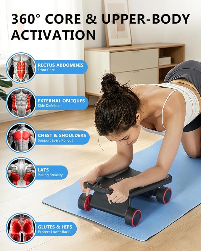 Ab Roller Wheel, Ab Roller, Upgraded Automatic Rebound Ab Roller with Elbow Support, Knee Mat & Timer, 4 Wheels Ab Workout Equipment for Core Strength Training, Silent Ab Wheel for Beginners Men Women Home Gym Fitness