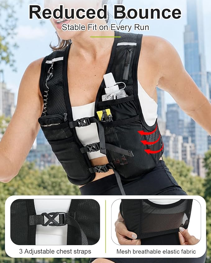 Running Vest with Touchscreen Phone Holder, 500ml/17oz Water Bottle Vest, Reflective Hydration Vest, 6 Pockets Zip Runners Vest – Lightweight, Adjustable, Breathable, Unisex