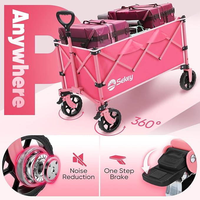 Sekey Collapsible Foldable Wagon with 330lbs Weight Capacity, Heavy Duty Folding Wagon Cart with Big All-Terrain Wheels & Drink Holders. Pink