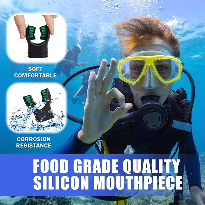 Scuba Diving Mouthpiece, Silicone Snorkel Mouthpiece Regulator Replacement with Regulator Tie Fits Most Standard Regulators Scuba Diving Accessories, Orange/Black/Yellow/Green