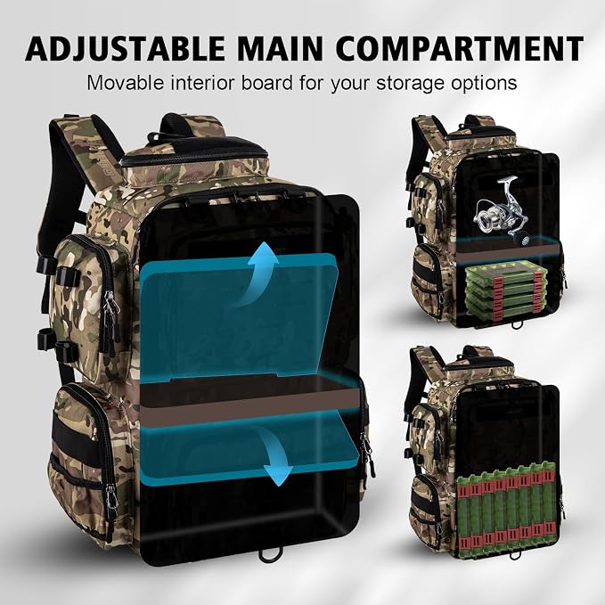 Goture Fishing Backpack,900D Water-Resistant Tackle Backpack with Rod Holders, SBS Zippers,45L Large Fishing Bag Storage Gear Tackle Bag with Rain Cover, Bottle Holder for Travel Camping Hiking